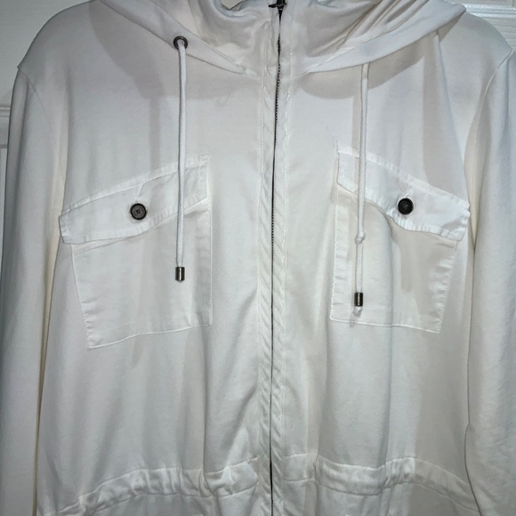 Talbots White Safari Style hooded zip front jacket Sz L pockets drawstring - Picture 3 of 7